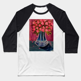 Pink and white abstract flowers in a blue glass vintage vase Baseball T-Shirt